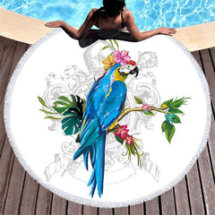 Lofaris Blue Parrot Floral Round Beach Blanket With Fringe