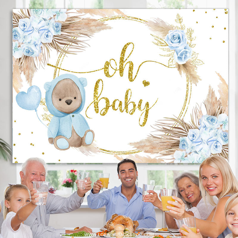 Lofaris Blue Rose Gold Oh Baby Bear Floral Shower Backdrop