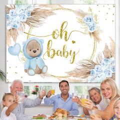 Lofaris Blue Rose Gold Oh Baby Bear Floral Shower Backdrop