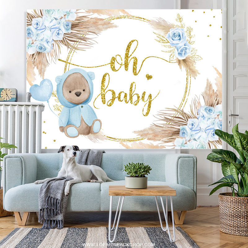 Lofaris Blue Rose Gold Oh Baby Bear Floral Shower Backdrop
