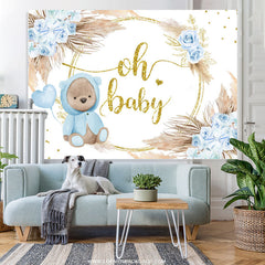 Lofaris Blue Rose Gold Oh Baby Bear Floral Shower Backdrop