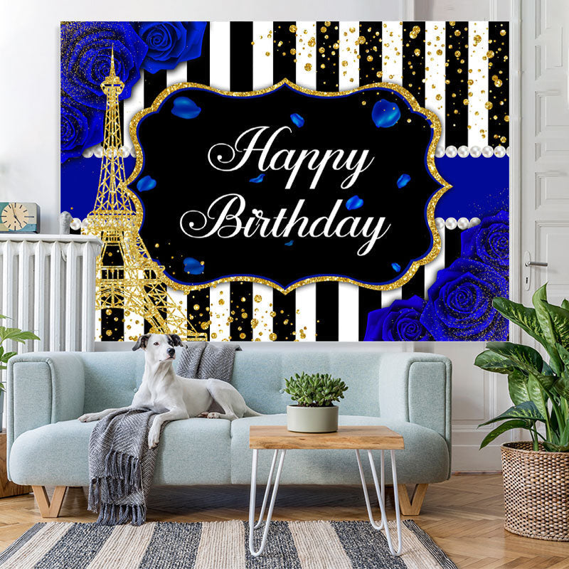 Lofaris Blue Roses and A Gold Eiffel Tower Birthday Backdrop