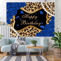 Lofaris Blue Roses Leopard Glitter Happy Birthday Backdrop