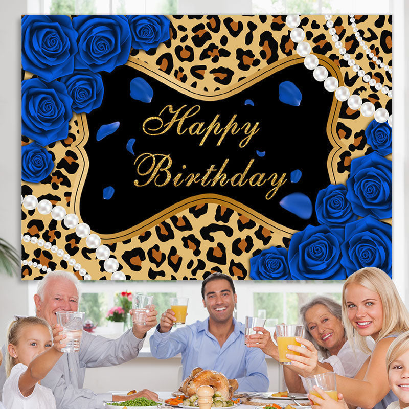 Lofaris Blue Roses Leopard Glitter Happy Birthday Backdrop