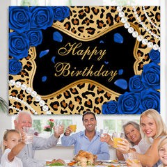 Lofaris Blue Roses Leopard Glitter Happy Birthday Backdrop