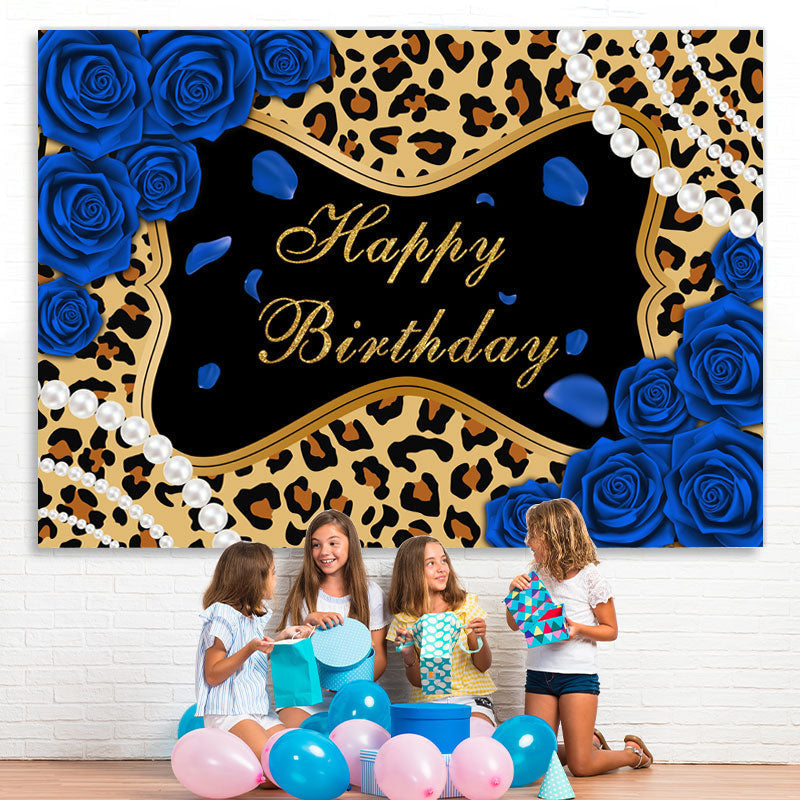 Lofaris Blue Roses Leopard Glitter Happy Birthday Backdrop