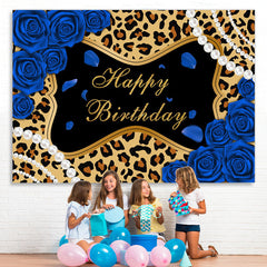 Lofaris Blue Roses Leopard Glitter Happy Birthday Backdrop