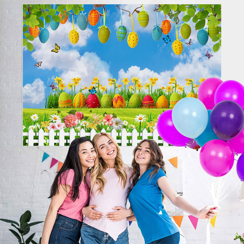 Lofaris Blue Sky And Butterfly With Garden Baby Shower Backdrop