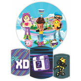 Lofaris Blue Sky And Cartoon Character Round Birthday Backdrop Kit