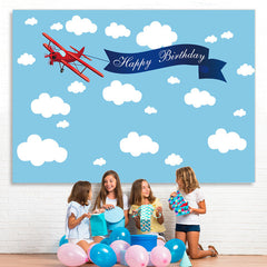 Lofaris Blue Sky and Cloud Red Plane Happy Birthday Backdrop