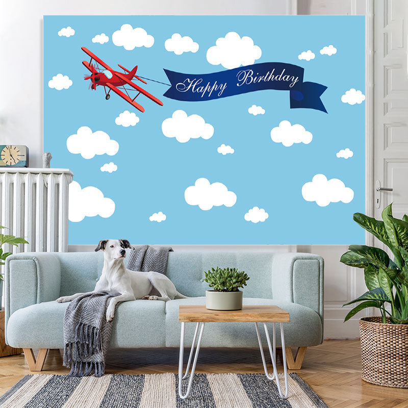 Lofaris Blue Sky and Cloud Red Plane Happy Birthday Backdrop