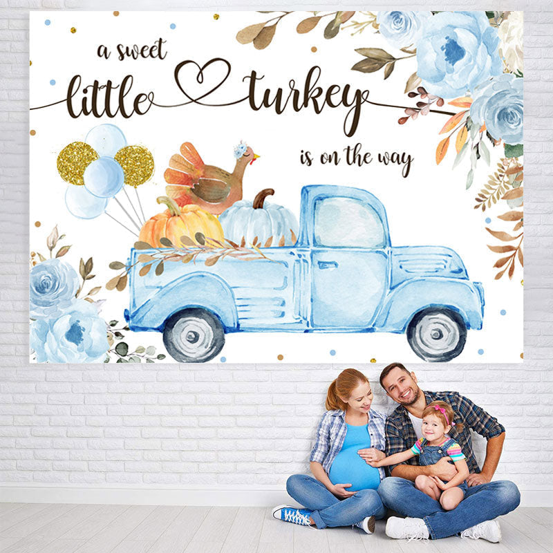 Lofaris Blue Truck and Floral Pumpkin Baby Shower Backdrop