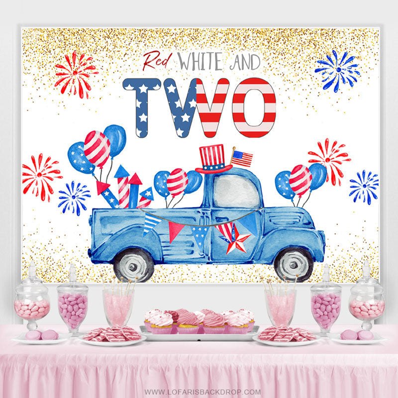 Lofaris Blue Truck Gold Glitter Independence 2nd Birthday Backdrop