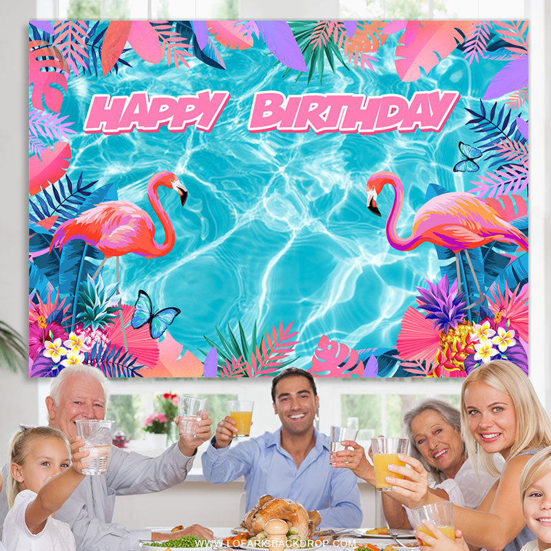 Lofaris Blue Water Pink Flamingo Monstera Birthday Backdrop