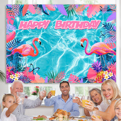 Lofaris Blue Water Pink Flamingo Monstera Birthday Backdrop