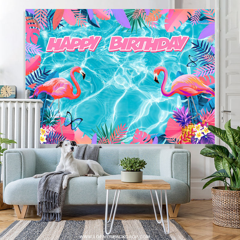 Lofaris Blue Water Pink Flamingo Monstera Birthday Backdrop