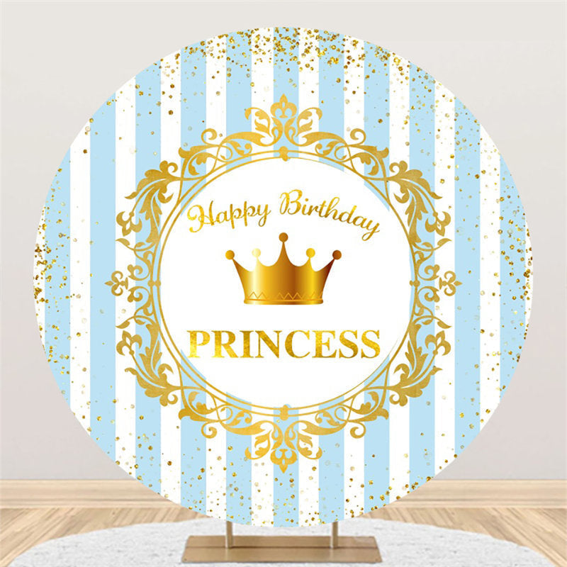 Lofaris Blue White Stripes Round Gold Princess Birthday Backdrop