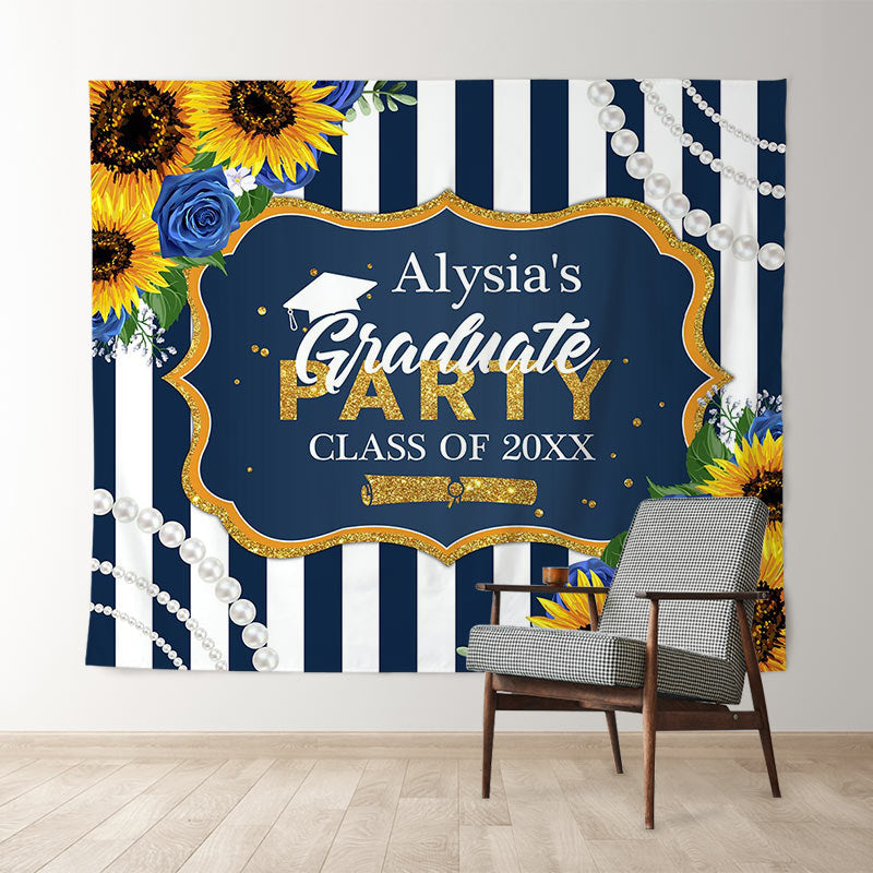 Lofaris Blue White Stripe With Sunflower Graduation Backdrop