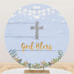 Lofaris Blue Wood Silver Glitter God Bless Baby Shower Backdrop