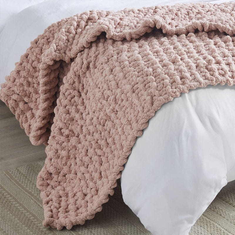 Lofaris Blush Pink Soft Chenille Yarn Chunky Knit Blanket Throw | Chunky Knit Blanket Yarn | Chunky Knit Throw Blanket | Hand Knit Chunky Blanket
