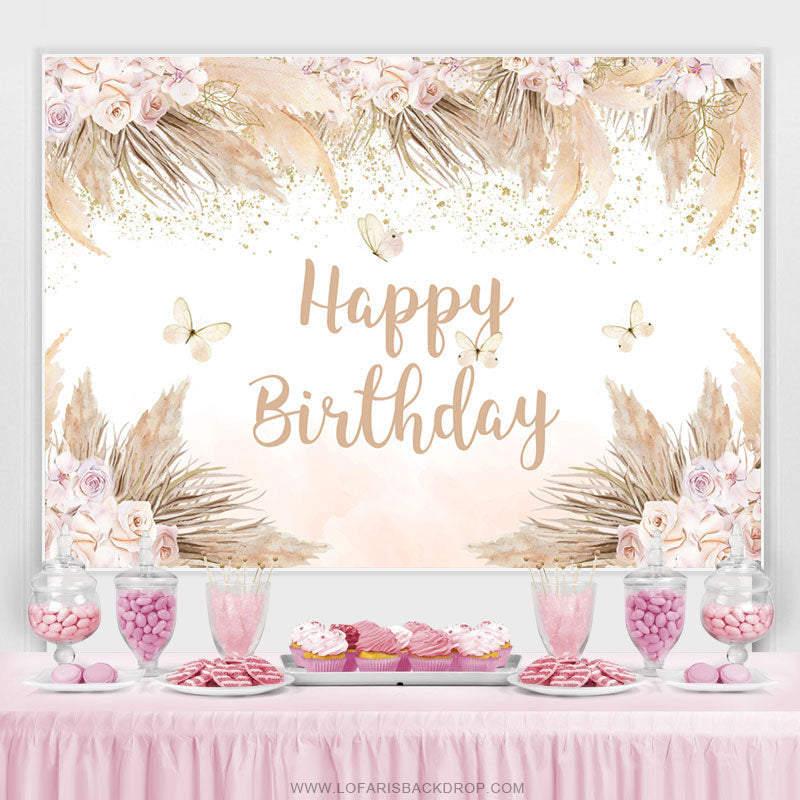 Lofaris Boho Theme Pink Floral Butterfly Birthday Backdrop