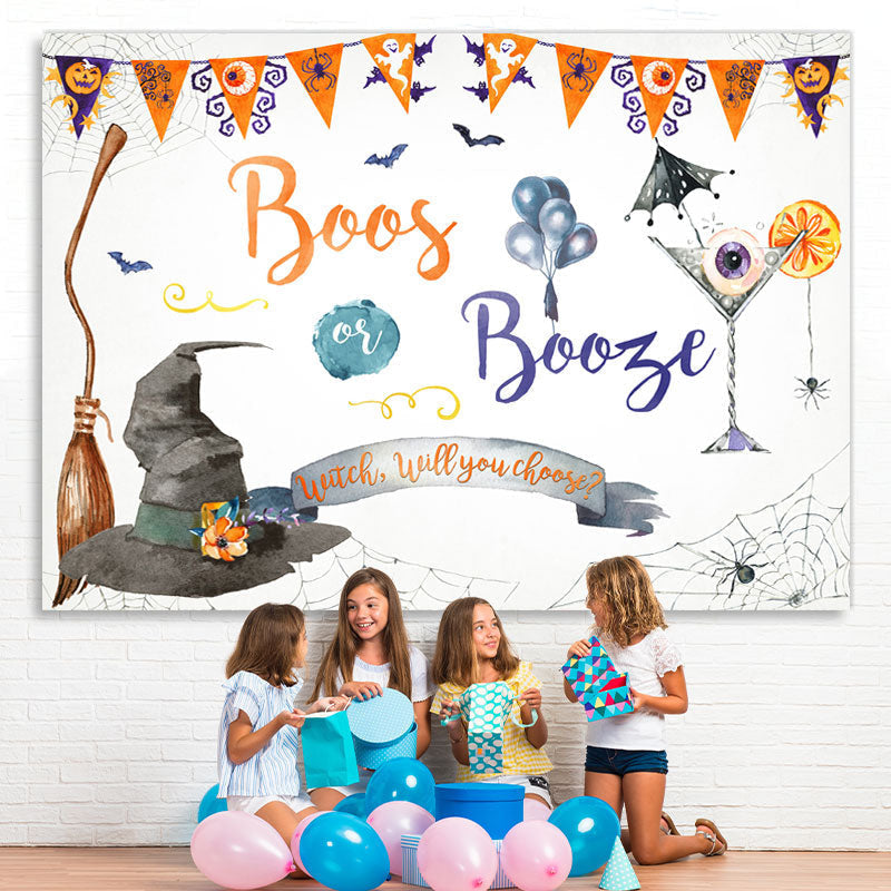 Lofaris Boos or Booze Witch Hat and Cocktail Halloween Backdrop