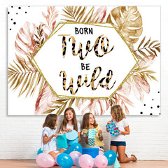 Lofaris Born Two Be Wild Pink Gold Leaves 2Nd Birthday Backdrop