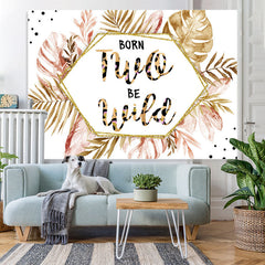 Lofaris Born Two Be Wild Pink Gold Leaves 2Nd Birthday Backdrop