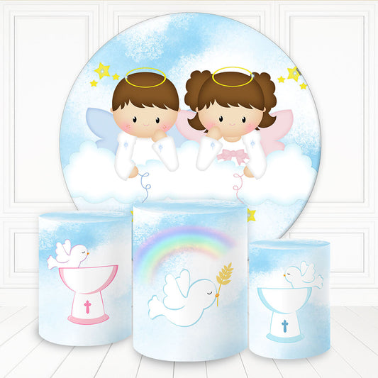 Lofaris Boy And Girl Angels Cloud Sky Round Baby Shower Backdrop Kit