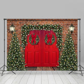 Lofaris Brick Red Door Christmas Tree Lights Wood Floor Backdrop