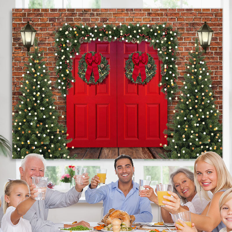 Lofaris Brick Red Door Christmas Tree Lights Wood Floor Backdrop
