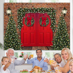 Lofaris Brick Red Door Christmas Tree Lights Wood Floor Backdrop