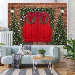 Lofaris Brick Red Door Christmas Tree Lights Wood Floor Backdrop