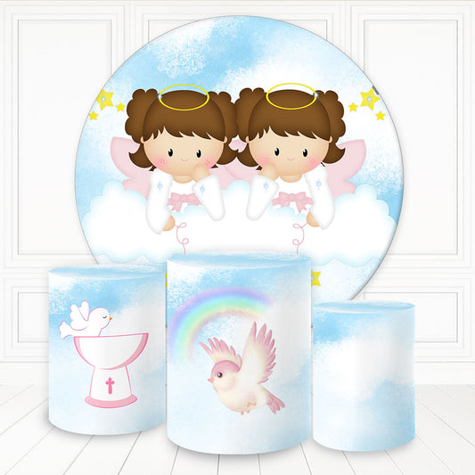Lofaris Brown Hair Girl Twins Round Backdrop Kit For Baby Shower