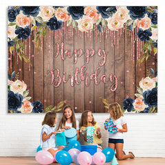 Lofaris Brown wood Flower Glitter Pink Happy Birthday Backdorp