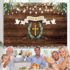 Lofaris Brown Wood Green Leaves God Bless Baby Shower Backdrop