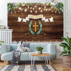 Lofaris Brown Wood Green Leaves God Bless Baby Shower Backdrop