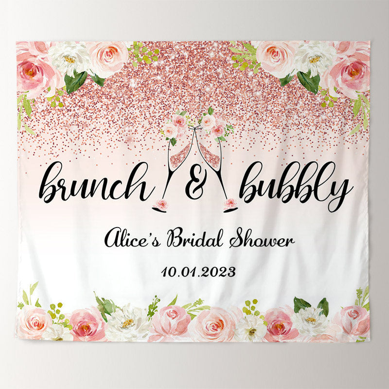 Lofaris Brunch And Bubbly Pink Floral Glitter Bridal Backdrop