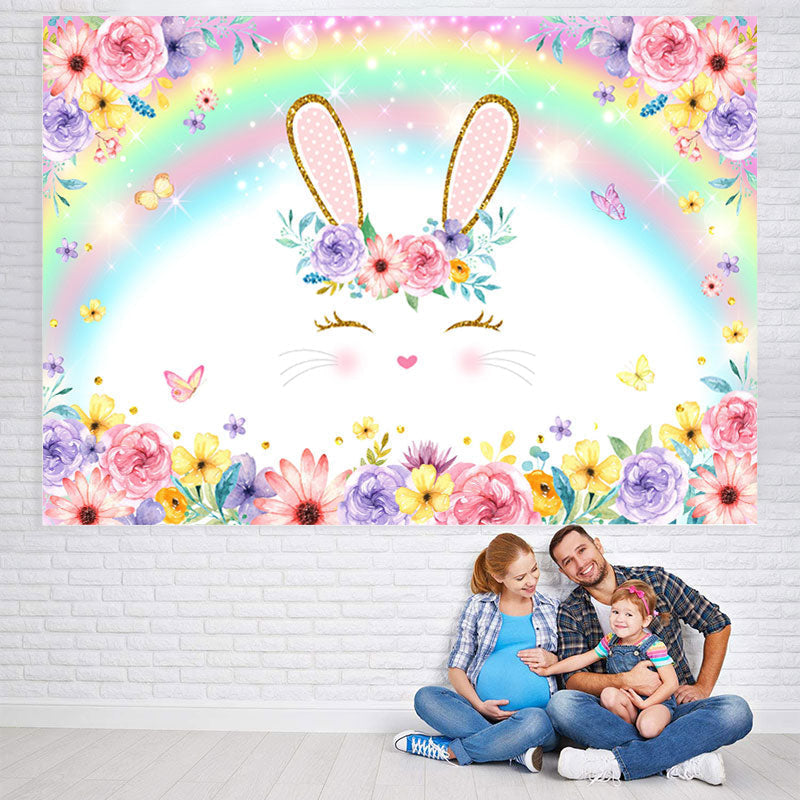 Lofaris Bunny And Colored Rainbow Floral Baby Shower Backdrop