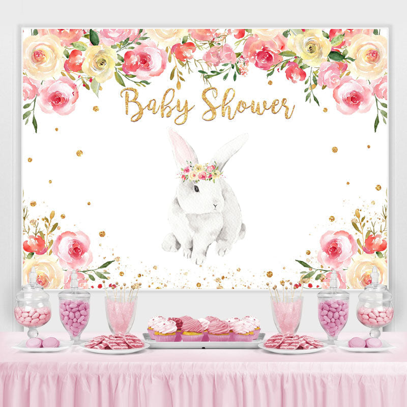Lofaris Bunny And Pink With White Floral Baby Shower Backdrop