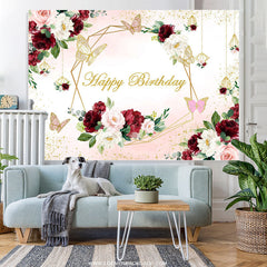 Lofaris Burgundy And Pink Flower Butterfly Birthday Backdrop