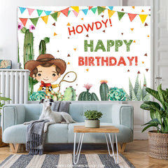 Lofaris Cactus And Little Cowboy Howdy Happy Birthday Backdrop