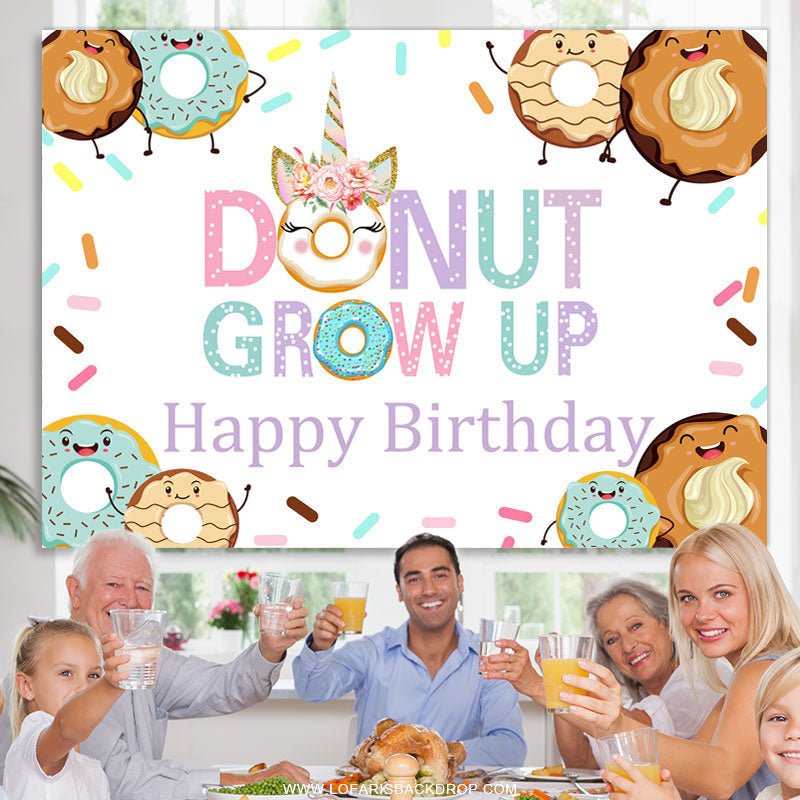 Lofaris Candy Land Donut Grow Up Theme Happy Birthday Backdrop