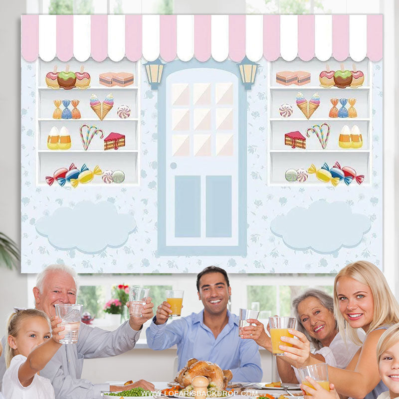 Lofaris Candy Store Ice Cream Blue Happy Birthday Backdrop