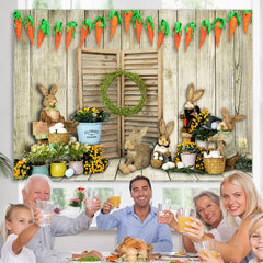 Lofaris Carrots With Toy Rabbits Wooden Happy Easter Backdrop