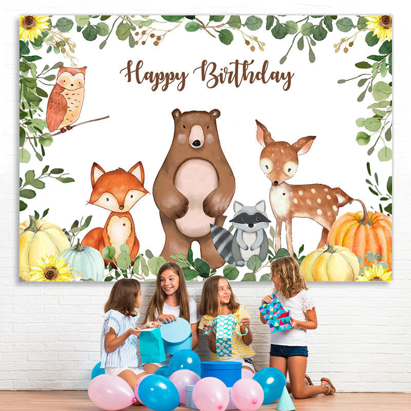 Lofaris Cartoon Animals Happy Birthday Green Leaves Pumpkin Backdrop