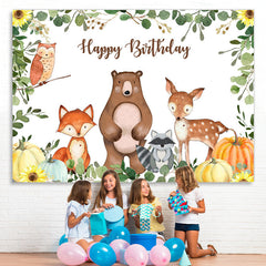 Lofaris Cartoon Animals Happy Birthday Green Leaves Pumpkin Backdrop