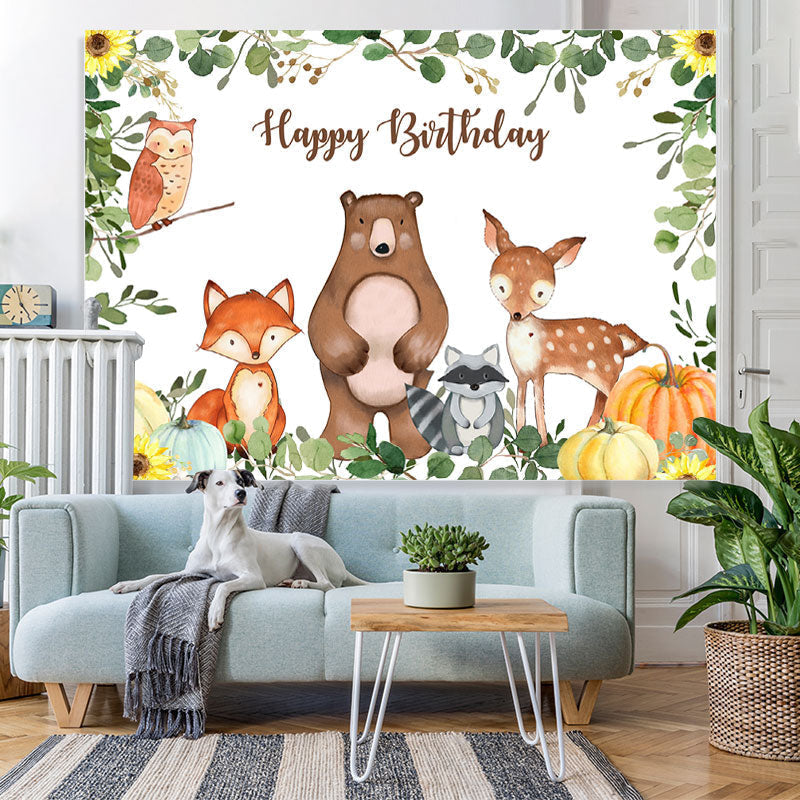 Lofaris Cartoon Animals Happy Birthday Green Leaves Pumpkin Backdrop