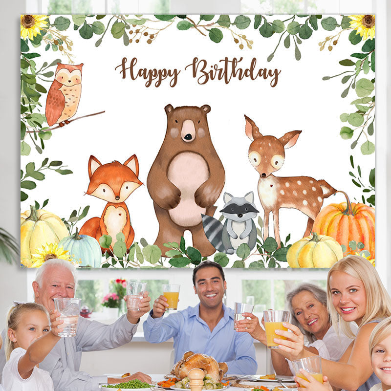 Lofaris Cartoon Animals Happy Birthday Green Leaves Pumpkin Backdrop