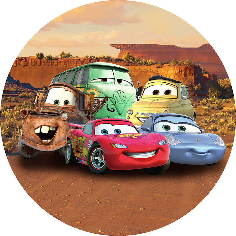 Lofaris Cartoon Colorful Cars Round Mountain Birthday Backdrop